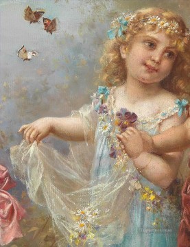 niña y mariposa flores clásicas de Hans Zatzka Pinturas al óleo